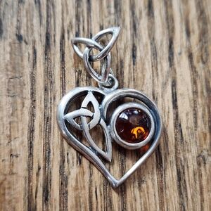 Sterling Silver Celtic Knot Heart Pendant with Amber Stone